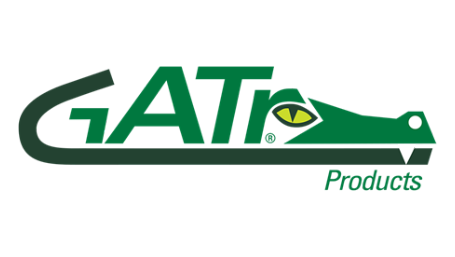 GATr Products logo with text in green and the letter r goes into an alligator head drawing